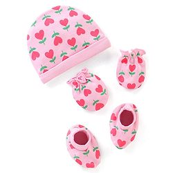 Babyhug 100% Cotton Knit Floral Printed Cap Mittens & Booties Set Pink - Diameter 9 cm
