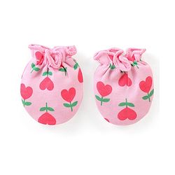 Babyhug 100% Cotton Knit Floral Printed Cap Mittens & Booties Set Pink - Diameter 9 cm