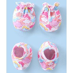 Babyhug 100% Cotton Knit Mittens & Booties Set with Clouds Print - Pink