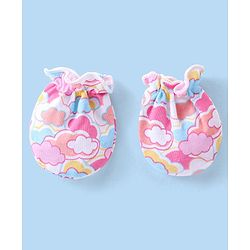 Babyhug 100% Cotton Knit Mittens & Booties Set with Clouds Print - Pink