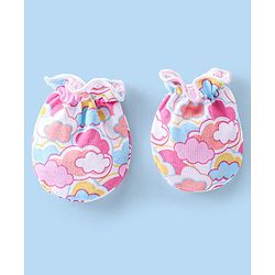 Babyhug 100% Cotton Knit Mittens & Booties Set with Clouds Print - Pink