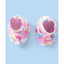 Babyhug 100% Cotton Knit Mittens & Booties Set with Clouds Print - Pink