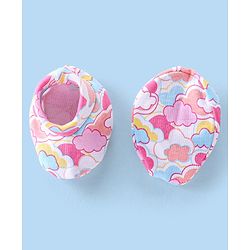 Babyhug 100% Cotton Knit Mittens & Booties Set with Clouds Print - Pink