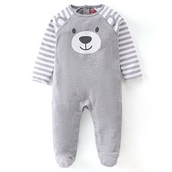 Babyhug Cotton Knit Full Sleeves Footed Sleepsuit Bear Printed - Grey
