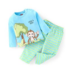 Babyhug Cotton Knit Full Sleeves Nightwear Monkey Print - Green