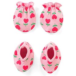 Babyhug 100% Cotton Knit Floral Printed Mittens & Booties Set - Pink