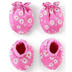 Babyhug 100% Cotton Mittens & Booties Floral Print - Pink