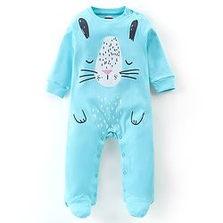 Babyhug Cotton Single Jersey Knit Full Sleeves Sleepsuit With Kitty Print - Blue