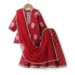 Babyhug Three Fourth Sleeves Foil Printed Long Kurta with Skirt and Dupatta - Red