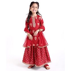 Babyhug Three Fourth Sleeves Foil Printed Long Kurta with Skirt and Dupatta - Red