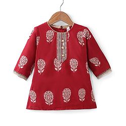 Babyhug Three Fourth Sleeves Foil Printed Long Kurta with Skirt and Dupatta - Red