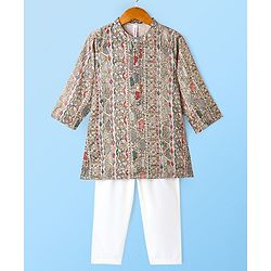 Babyhug 100% Cotton Woven Full Sleeves Kurta & Pyjama Set Ikat Print - Brown & White