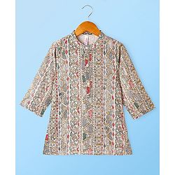Babyhug 100% Cotton Woven Full Sleeves Kurta & Pyjama Set Ikat Print - Brown & White