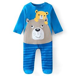 Babyhug Cotton Knit Full Sleeves Bear Printed Footed Sleepsuit - Blue