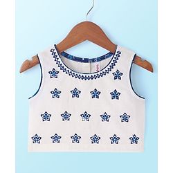 Babyhug 100% Cotton Sleeveless Choli With Lehenga And Dupatta Set Sequenced Embroidered & Floral Print - Navy Blue
