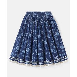 Babyhug 100% Cotton Sleeveless Choli With Lehenga And Dupatta Set Sequenced Embroidered & Floral Print - Navy Blue