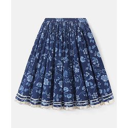 Babyhug 100% Cotton Sleeveless Choli With Lehenga And Dupatta Set Sequenced Embroidered & Floral Print - Navy Blue