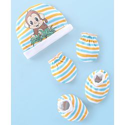 Babyhug 100% Cotton Knit Monkey Print Cap Mittens & Booties - Multicolour
