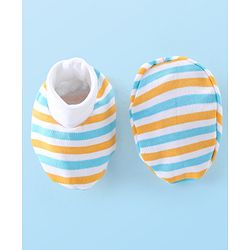Babyhug 100% Cotton Knit Monkey Print Cap Mittens & Booties - Multicolour