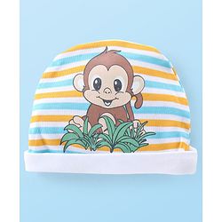 Babyhug 100% Cotton Knit Monkey Print Cap Mittens & Booties - Multicolour
