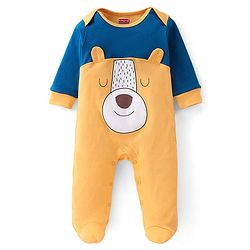 Babyhug Cotton Knit Full Sleeves Footed Sleep Suit Bear Print - Yellow