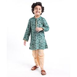 Babyhug 100% Cotton Knit Full Sleeves Printed Kurta & Dhoti Set -  Teal Blue