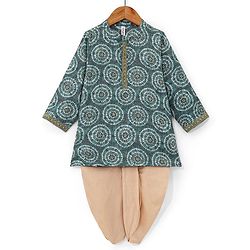 Babyhug 100% Cotton Knit Full Sleeves Printed Kurta & Dhoti Set -  Teal Blue