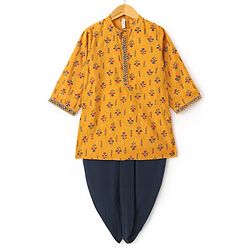 Babyhug 100% Cotton Woven Full Sleeves Floral Printed Kurta Dhoti Set - Mustard