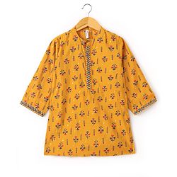Babyhug 100% Cotton Woven Full Sleeves Floral Printed Kurta Dhoti Set - Mustard