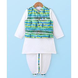 Babyhug Cotton Dobby Full Sleeves Kurta with Dhoti & Printed Jacket - White