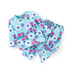 Babyhug Cotton Knit Single Jersey Full Sleeves Night Suit With Floral Print - Blue