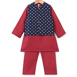 Babyhug Cotton Woven Full Sleeves Kurta & Pajama Set with Jacket Argyle Print - Maroon & Blue