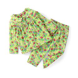 Babyhug Cotton Knit Single Jersey Full Sleeves Night Suit With Floral Print - Green