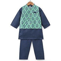 Babyhug 100% Cotton Woven Full Sleeves Solid Colour  Kurta Pyjama Set with Printed Jacket - Blue