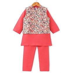 Babyhug 100% Cotton Knit Full Sleeves Kurta Pyjama Set with Printed Jacket - Peach