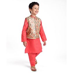 Babyhug 100% Cotton Knit Full Sleeves Kurta Pyjama Set with Printed Jacket - Peach