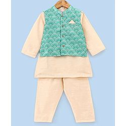 Babyhug 100% Cotton Woven Full Sleeves Solid Kurta Pyjama Set with Floral Printed Jacket - Beige