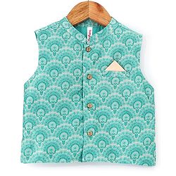 Babyhug 100% Cotton Woven Full Sleeves Solid Kurta Pyjama Set with Floral Printed Jacket - Beige