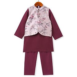 Babyhug 100% Cotton Woven Full Sleeves Solid Colour  Kurta Pyjama Set with Floral Printed Jacket - Magenta