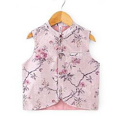 Babyhug 100% Cotton Woven Full Sleeves Solid Colour  Kurta Pyjama Set with Floral Printed Jacket - Magenta