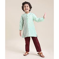 Babyhug Woven Full Sleeves Foil Floral Print Ethnic Kurta & Pajama Set - Light Green & Maroon