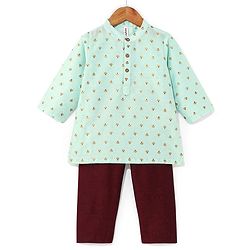 Babyhug Woven Full Sleeves Foil Floral Print Ethnic Kurta & Pajama Set - Light Green & Maroon