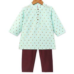 Babyhug Woven Full Sleeves Foil Floral Print Ethnic Kurta & Pajama Set - Light Green & Maroon