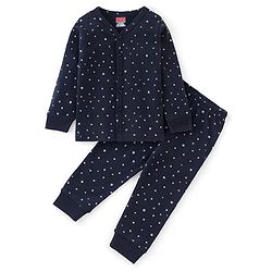Babyhug Cotton Front Open Full Sleeve Vest and Legging Thermal Wear Star Printed Combo Set - Navy Blue