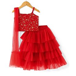 Babyhug Sleeveless Floral Embroidered Choli with Net Layered Lehenga and Dupatta Set - Red