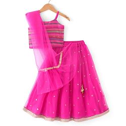 Babyhug Woven Sleeveless Zari Design Choli with Lehenga & Dupatta Golden Foil Embroidery- Fuchsia