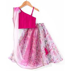 Babyhug Sleeveless Pleated Choli with Floral Printed Lehenga and Dupatta Set - Off White & Pink