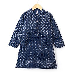 Babyhug Woven Full Sleeves Embroidered Kurta with Solid Pyjama Set - Navy Blue