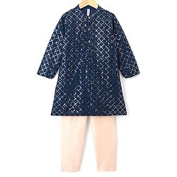 Babyhug Woven Full Sleeves Embroidered Kurta with Solid Pyjama Set - Navy Blue