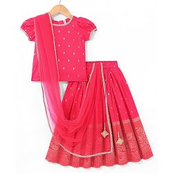 Babyhug Half Sleeves Banarsi Brocade Pattu Pavda Choli With Lehenga And Dupatta Set - Red